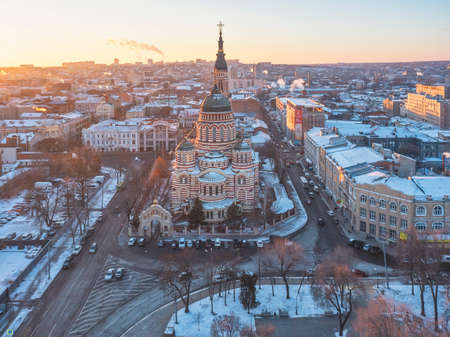 KHARKIV, UKRAINE - December, 23rd, 2021: Aerial view to Annunciation Cathedral in the center of Kharkiv, Ukraine.のeditorial素材