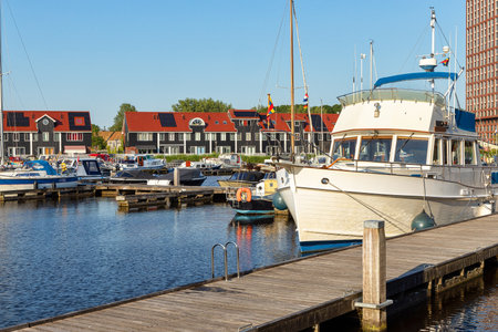 Colorful wooden houses in Reitdiephafen in Groningen, the Netherlandsの写真素材