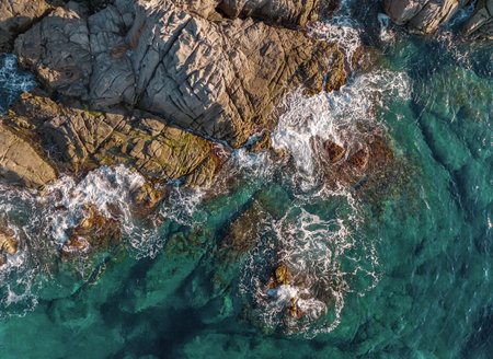Aerial view to rocky cost of the sea, vacation theme outdoor natural backgroundの写真素材