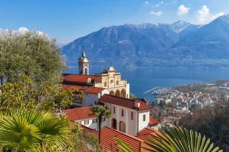 Early spring in Locarno, Ticino, Switzerland. View to Madonna del Sasso church and Lago Maggiore.の写真素材
