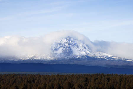 Horizontal image of South Sister Mountain in the Cascades Range with a low lying cloud blanketing the mountain, with blue sky showing in the background and a multi-shaded green forest foreground.の写真素材