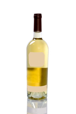 Unopened bottle of white wine with reflection on white background.の写真素材