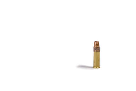 A single twenty-two caliber bullet stands upright with its shadow on a white background.
