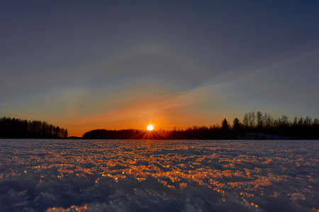 Sunset on Lake Talto in the village of Uita, Arkhangelsk region.の写真素材