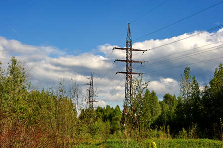 a high-voltage power line runs through the forest against the blue sky