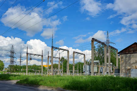 high-voltage electrical substation against the blue skyの写真素材