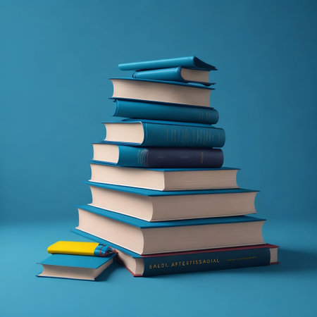 A stack of books and textbooks lies on a blue background, Generative AI, Generative, AIの素材