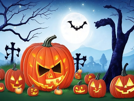 Halloween greeting card - pumpkins and a skeleton in the cemetery at night, Generative AI, Generative, AIの素材