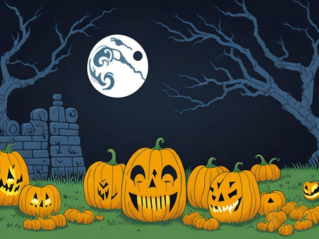 Halloween greeting card - pumpkins and a skeleton in the cemetery at night, Generative AI, Generative, AIの素材