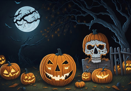 Halloween greeting card - pumpkins and a skeleton in the cemetery at night, Generative AI, Generative, AIの素材