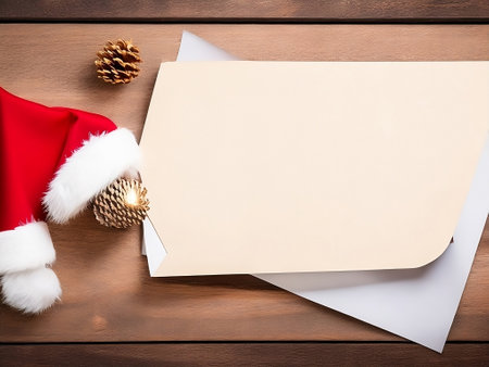 Christmas greeting card with santa hat on wooden background. View from aboveの素材