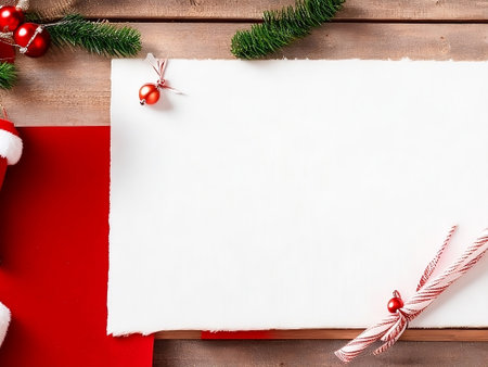 christmas background with santa claus hat and decoration on wooden boardの素材