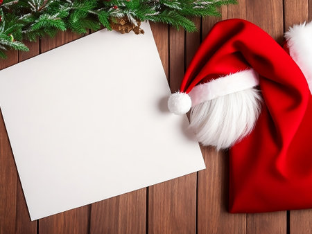 Santa Claus hat with blank paper on wooden background. christmas greeting cardの素材