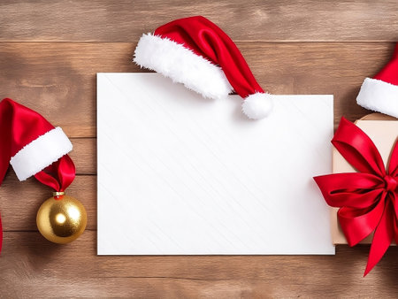 Christmas greeting card with santa hat and gift boxes on wooden backgroundの素材