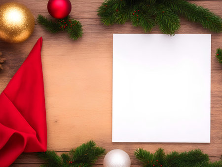 Christmas background with blank sheet of paper and christmas decorations on wooden boardの素材