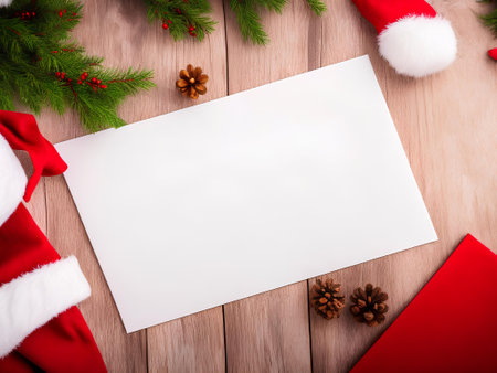 Christmas greeting card with santa hat on wooden background. top view with copy spaceの素材