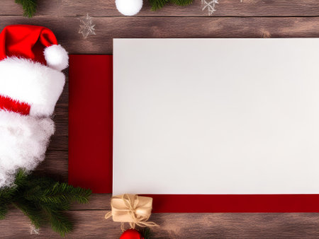Christmas greeting card with santa hat on wooden background. Top view with space for your greetingsの素材
