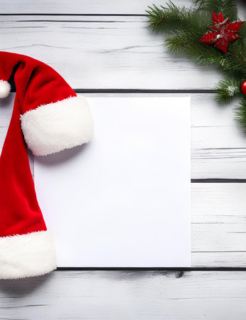 Christmas greeting card with santa hat on wooden background. top view with copy spaceの素材