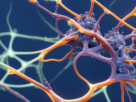 3D illustration of a nerve cell with neurons and nervous system.の素材