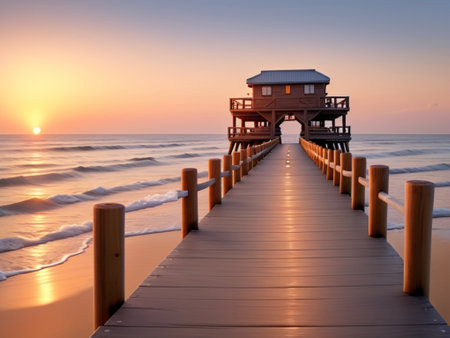 Wooden pier on the beach at sunrise with a beautiful sky.の素材