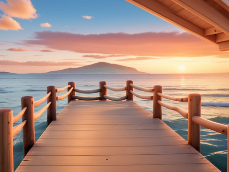 Wooden bridge leading to the sea at sunset. beautiful natural backgroundの素材
