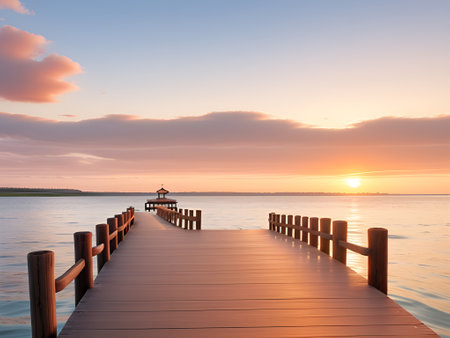 Wooden pier on the sea at sunset. Beautiful natural background.の素材