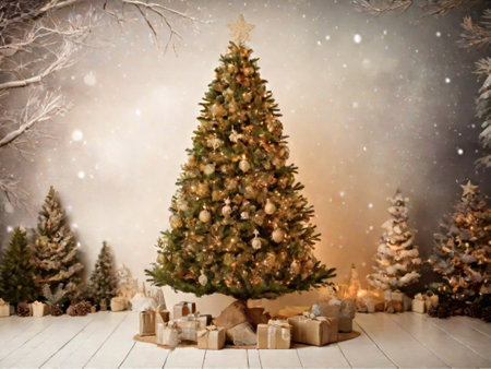 Christmas tree with gifts under the snowfall. Christmas and New Year backgroundの素材