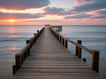 Wooden jetty in the sea at sunset with beautiful sky.の素材