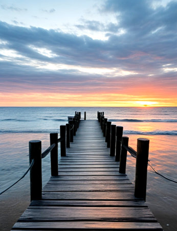 Wooden jetty in the sea at sunset. Beautiful seascape.の素材