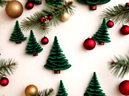 Christmas background with christmas tree and decorations. Flat lay, top viewの素材