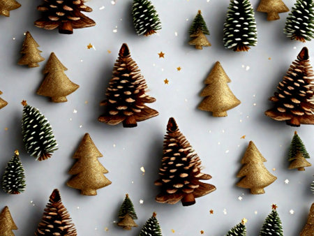 Christmas tree and pine cones on gray background. Flat lay, top viewの素材