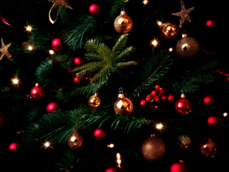 Christmas tree with red and golden balls and ornaments on black backgroundの素材