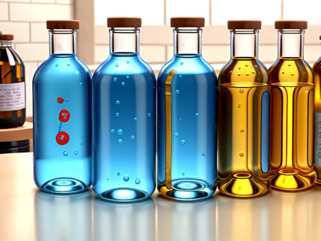 3d rendering of a group of bottles with oil in a laboratoryの素材