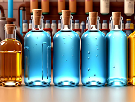 3d render of bottles with alcoholic beverages on shelf in bar.の素材
