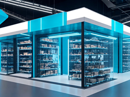 3D rendering of a modern warehouse with shelves and racks for goodsの素材