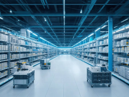Interior of a warehouse with shelves and rows of boxes. 3d renderingの素材
