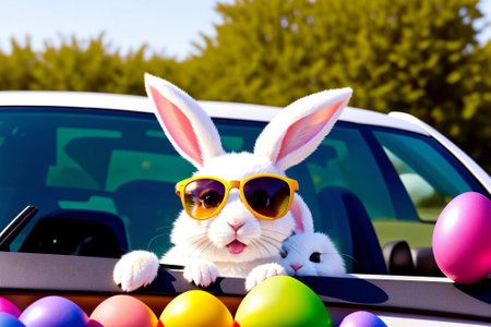 Cute white rabbit in sunglasses sitting in car with colorful Easter eggsの素材