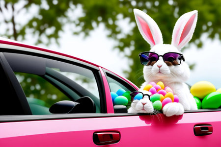 Cute white rabbit with sunglasses sitting in the car with colorful easter eggsの素材