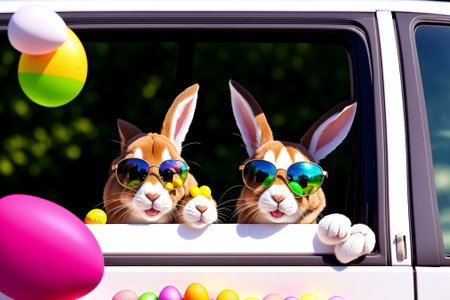 Easter bunnies in a car with colorful eggs and balloonsの素材