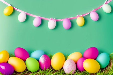 Colorful easter eggs on green background with copyspace.の素材