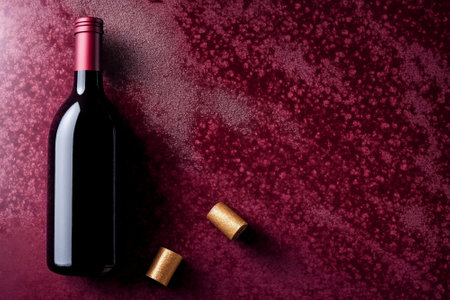 Bottle of red wine and cork on red background with copy spaceの素材