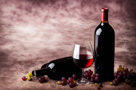 bottle and glass of red wine with grapes on grunge backgroundの素材
