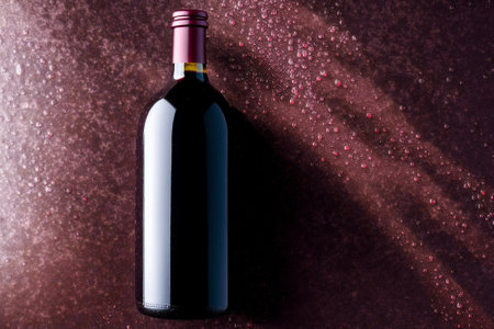 Bottle of red wine on a dark background. Copy space.の素材