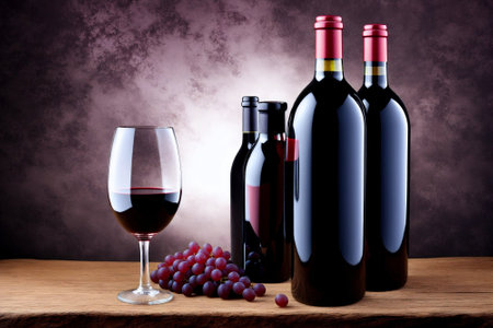 bottles of red wine and grapes on a wooden table in front of a grunge backgroundの素材