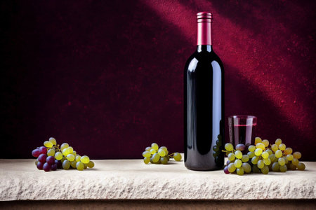 Bottle of red wine, grapes and a glass of wine on a tableの素材