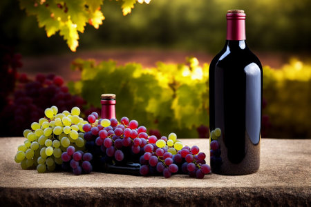 Bottle of red wine and bunch of grapes on wooden table in vineyardの素材