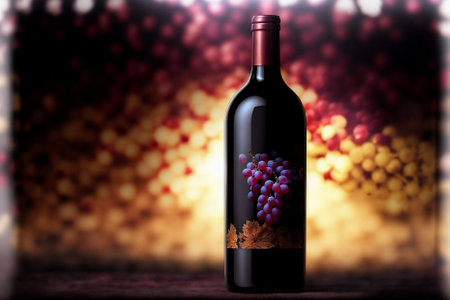 Bottle of red wine with bunch of grapes and autumn leaves on blurred backgroundの素材