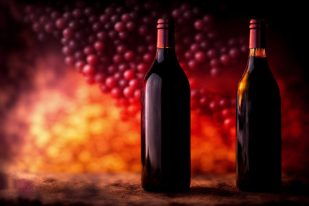 Bottles of red wine on a dark background with red grapes.の素材