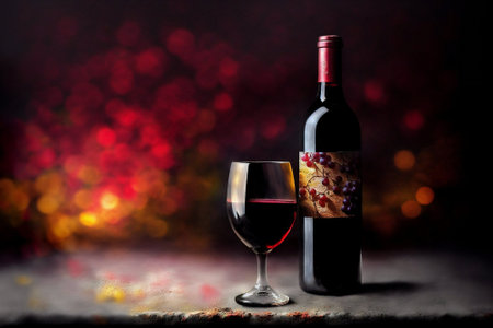 Red wine bottle and glass on bokeh background with copy spaceの素材