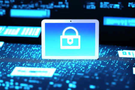 Padlock icon on digital tablet screen. Security concept. 3d renderの素材